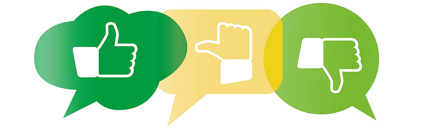 Bewerbung der Kurzumfrage der Ärztekammer Westfalen-Lippe: Drei Sprechblasen, in denen gezeichnete Hände zu sehen sind. Einmal mit Dauen nach oben, einmal mittig und einmal mit Daumen nach unten.