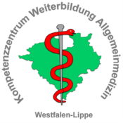 Logo des Kompetenzzentrums Weiterbildung Westfalen-Lippe, Karte Westfalen-Lippe mit Äskulapsstab