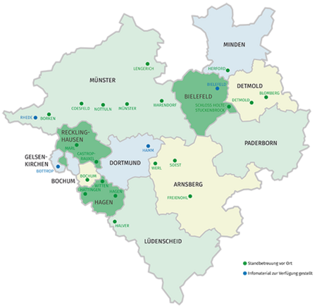 Karte von Westfalen-Lippe, Einteilung in die Verwaltungsbezirke der ÄKWL. Hier sind die Orte markiert, in denen die Ärztekammer an einer Ausbildungsmesse teilgenommen und über die MFA-Ausbildung informiert hat.