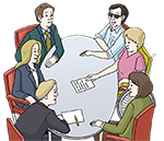 Mehrere Personen sitzen an einem Tisch in einer Besprechung.