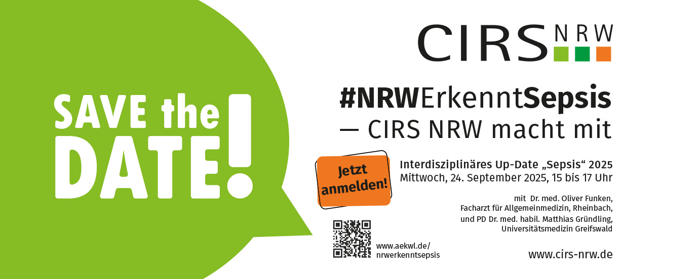 Das Bild zeigt die Veranstaltungsankündigung für das Webinar #NRWErkenntSepspis - CIRS NRW macht mit.