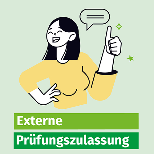 Illustration zur externen Prüfungszulassung mit einer Frau, die den Daumen hebt.