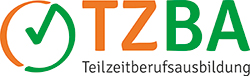 Logo Teilzeitberufsausbildung in grün und orange. Kreis mit einem Hacken, daneben der Text "TZBA" darunter "Teilzeitberufsausbildung".