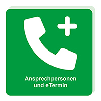 Kachel „Ansprechpersonen und eTermin“ mit Telefon- und Plussymbol.